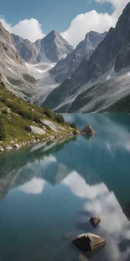 A breathtaking, high-angle photograph captures a serene alpine lake nestled amidst towering, rugged mountains. The water's surface is remarkably still, perfectly mirroring the majestic peaks and fluffy white clouds that dot the clear blue sky above. 

The mountains, a mix of grey and pale white rock, rise dramatically on either side of the lake. Patches of green vegetation cling to their slopes, and a thin layer of snow remains in the higher reaches. The reflection on the water is almost flawless, creating a symmetrical and calming visual effect. 

In the foreground, several smooth, grey rocks partially submerge in the water, their surfaces reflecting the sky and surrounding mountains. The overall scene exudes a sense of tranquility and untouched natural beauty, inviting contemplation and awe.