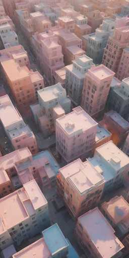 This image depicts a densely packed cityscape viewed from an aerial perspective, showcasing a variety of buildings in different colors and architectural styles. The buildings are predominantly square-shaped, with some featuring rectangular protrusions that could be windows or balconies. The color palette includes shades of pink, blue, green, and orange, with the pink buildings being the most numerous. The blue buildings are the second most common, followed by green and orange structures. The buildings are tightly clustered, with little to no space between them, creating a crowded urban environment. The image is taken during the daytime, as evidenced by the sunlight casting shadows on the rooftops. The streets between the buildings are visible, appearing as dark gray or black, and there are a few cars scattered throughout the scene. The overall impression is of a bustling, colorful city with a mix of architectural forms and vibrant hues.