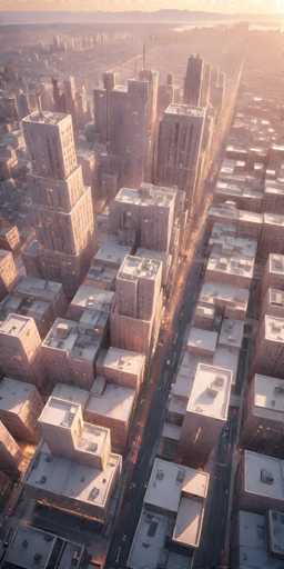 The image presents an aerial view of a cityscape with numerous tall buildings lining the streets and sidewalks. The buildings vary in height, creating a sense of depth and perspective. The sky above is a light blue color, providing a contrast to the darker tones of the city below. The sun is setting behind the buildings, casting long shadows and bathing the scene in warm hues.