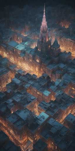 A sprawling, dimly lit cityscape unfolds from a high-angle perspective. Numerous buildings, densely packed and varying in height, dominate the scene, their rooftops blanketed in a layer of frost or snow. Warm, glowing lights emanate from windows and street lamps, contrasting with the cool, muted tones of the overall environment. A towering, ornate spire stands prominently in the center, its intricate details illuminated by a soft glow. The overall style is atmospheric and slightly fantastical, evoking a sense of quiet urban life in the twilight hours.