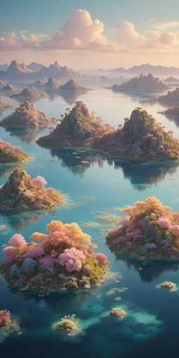 This image is a detailed, computer-generated artwork depicting a serene, fantastical landscape. The scene features a vast, tranquil body of water, possibly a lake or ocean, with numerous small, rocky islands scattered throughout. These islands are adorned with lush, vibrant vegetation, including trees with leaves in shades of pink, yellow, and green, reminiscent of cherry blossoms. The water itself is a mesmerizing blend of blue and turquoise hues, with some areas appearing almost crystal clear, revealing the rocky seabed below. In the distance, a majestic mountain range rises, its peaks shrouded in a soft haze, adding to the ethereal quality of the scene. The sky above is a clear blue, dotted with fluffy white clouds, and the entire composition exudes a sense of tranquility and otherworldly beauty.