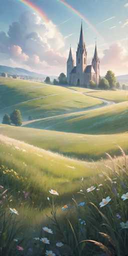 The image depicts a serene landscape featuring a castle nestled on the right side of a verdant hill dotted with wildflowers and trees. The sky above is a clear blue, with a rainbow arching gracefully over the scene.