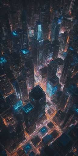 The image presents an aerial view of a city at night, with the buildings illuminated by blue and orange lights against a dark sky. The perspective is from above, providing a comprehensive look at the layout and arrangement of the city's structures.
