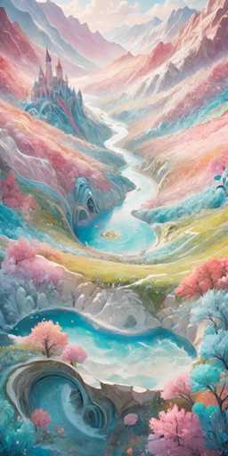 A breathtaking, painterly landscape unfolds with a winding river snaking through pastel-colored mountains. Soft pink and lavender hues dominate, with vibrant blue water reflecting the ethereal sky. A fairytale castle perches atop a mountain peak in the distance, while cherry blossom trees dot the valley floor. The art style is dreamlike and fantastical, emphasizing gentle gradients and a serene atmosphere.