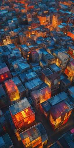 This image depicts a densely packed cityscape, viewed from an aerial perspective. The scene is dominated by numerous buildings, primarily residential apartment blocks, that fill the entire frame. The buildings are tightly clustered, with little to no space between them, creating a crowded urban environment. The structures are predominantly square-shaped, featuring flat roofs, and are painted in a variety of colors including blue, orange, red, and yellow. The orange and red hues are particularly prominent, especially towards the bottom of the image, where the buildings appear to be illuminated by a warm light source, possibly the setting sun. The overall impression is of a bustling, vibrant city at dusk, with the buildings' colors and the lighting adding a dynamic and lively atmosphere to the scene.