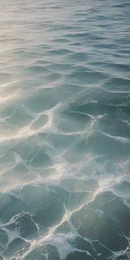 The image shows two sections of a body of water. The left section is filled with light blue-green waves and the right section has a darker shade of gray.