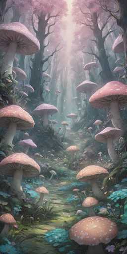 This image is a detailed, computer-generated illustration of a fantastical forest scene. The forest is populated with numerous large mushrooms, characterized by their pink caps adorned with white spots. These mushrooms vary in size, with some towering over the trees and others scattered throughout the landscape. The forest floor is a vibrant mix of green grass, blue flowers, and patches of moss, creating a lush and colorful environment. A winding path meanders through the center of the scene, leading deeper into the forest. The trees, which are tall and somewhat sparse, have pink leaves that add to the whimsical atmosphere. Sunlight filters through the canopy, casting a warm glow on the ground and enhancing the enchanting, otherworldly feel of the image.
