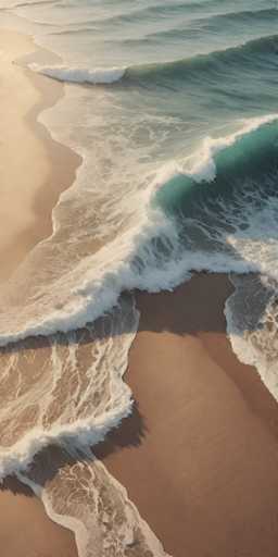 The image shows a beach scene with a large body of water and light brown sand. The water is a deep blue color, indicating it's likely during the day when the sun is shining brightly. On the left side of the photo, there are white waves crashing onto the shore, creating a dynamic and lively atmosphere. The right side of the photo features a darker shade of brown, suggesting that this part of the beach might be further away from the water or experiencing less sunlight at the moment.

There is no text present in the image.
