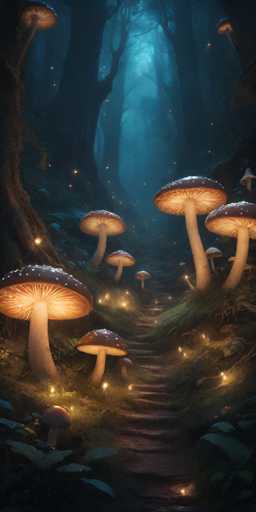 The image depicts a dark, mystical forest scene with a winding, stone-like path that meanders through the center. The path is flanked by lush green grass and dotted with numerous large, glowing mushrooms. These mushrooms, with their dark brown caps and white stems, emit a soft, yellow light that illuminates the surrounding area. The forest is dense with tall trees, their dark trunks and branches creating a canopy that filters the light, casting a bluish hue over the scene. The ground is sprinkled with small, glowing lights, adding to the enchanting atmosphere. The overall mood is one of serene mystery, with the interplay of light and shadow creating a captivating, otherworldly ambiance.