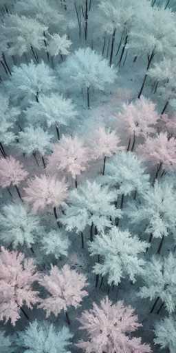 The image shows an aerial view of a field with trees covered in frosty white and blue hues. The trees are densely packed together, creating a sense of depth and scale. The background is a light beige color that contrasts with the vibrant colors of the trees.