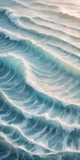 The image shows two sections of a body of water. The left section is filled with large waves crashing against the shoreline and has a light blue color. The right section features smaller waves that are not as prominent in size but still contribute to the overall movement of the water. The background is a light beige color, providing a contrast to the darker blue of the ocean.