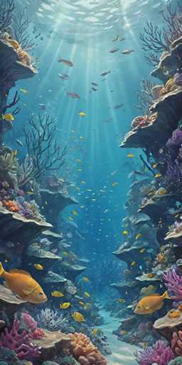 The image depicts an underwater scene with a vibrant coral reef and various sea creatures swimming around it. The colors used are predominantly blue, green, and orange, creating a lively and colorful atmosphere. The perspective of the image is from above, providing a bird's eye view of the underwater landscape.