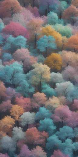 The image shows a close-up view of a forest with trees exhibiting a variety of colors including pink, blue, green, and yellow. The perspective is from above, providing an aerial view of the densely packed trees against a light brown background.