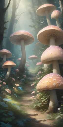 This image is a detailed, computer-generated illustration of a fantastical forest scene. Dominating the foreground are large, pink mushrooms with white speckles, towering over the scene with thick stems and wide caps. These mushrooms are accompanied by smaller ones, creating a lush carpet of fungi across the forest floor. The ground is a mix of green grass, blue leaves, and patches of brown dirt, with some areas appearing almost mossy. A winding dirt path meanders through the center of the image, leading the viewer's eye deeper into the forest. The background is filled with tall, slender trees, their branches adorned with green leaves, and the entire scene is bathed in a soft, ethereal light that enhances the magical atmosphere. The overall color palette includes shades of pink, white, green, blue, brown, and tan, contributing to the enchanting and otherworldly feel of the forest.