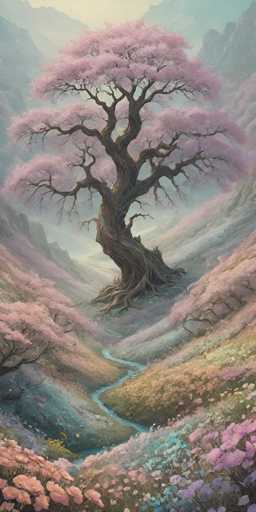 This image is a detailed, computer-generated painting of a majestic cherry blossom tree standing prominently in the center of a lush valley. The tree, with its thick, gnarled brown trunk, extends its numerous branches high into the sky, adorned with vibrant pink cherry blossoms. The scene is set in a valley flanked by mountains on both sides, their slopes covered in a mix of green grass and pink cherry blossoms. A small, winding blue stream meanders through the valley, adding to the serene atmosphere. The background features a misty, grayish-blue sky, enhancing the ethereal quality of the landscape. The overall composition is vertical, emphasizing the height of the tree and the expansive sky above.