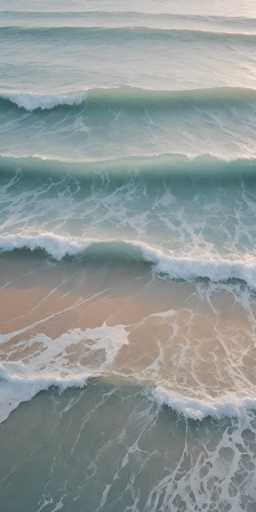 A stunning aerial photograph captures the mesmerizing beauty of the ocean from a high vantage point, likely taken by a drone. The image showcases a series of waves rolling towards a sandy shore, with the water's color transitioning from a deep blue-green to a lighter hue as it approaches the beach. The waves are accentuated by white foam, creating a striking contrast against the darker water. The sandy shore, visible in patches, adds a warm, earthy tone to the scene. The overall composition is serene and captivating, highlighting the natural elements of the ocean and beach in a harmonious blend of colors and textures.