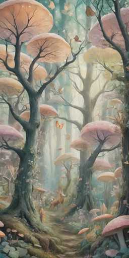 This image depicts a whimsical, fantasy forest scene reminiscent of Alice in Wonderland. The forest is filled with trees that have mushroom-shaped canopies instead of traditional leaves, creating a surreal and enchanting atmosphere. The trees are adorned with green moss and vines, adding to the magical feel. 

In the foreground, a deer with large, prominent antlers stands on a winding path that meanders through the forest. The deer appears to be gazing towards the viewer, adding a sense of curiosity and wonder to the scene. 

Butterflies flit about, their delicate wings catching the light and adding splashes of color to the predominantly green and brown palette. The forest floor is covered with patches of grass and small plants, contributing to the lush, natural setting.

The overall composition is vertical, emphasizing the height of the trees and the depth of the forest. The scene is devoid of any human presence, allowing the viewer to fully immerse themselves in the fantastical world created by the artist.