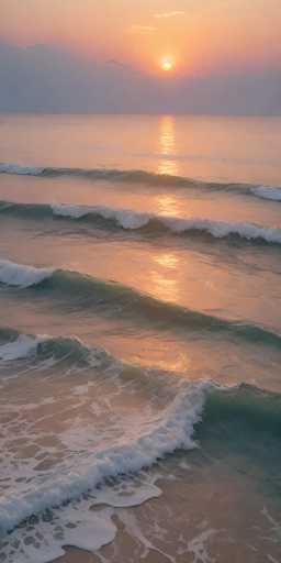 A stunning sunset over the ocean dominates this image, capturing the serene beauty of nature. The sun, positioned just above the horizon, casts a warm, golden glow across the scene. Its light reflects off the calm water, creating a shimmering pathway that leads directly to the viewer. The sky is a mesmerizing blend of orange and pink hues, with wispy clouds adding texture to the vibrant sky. The ocean below is a deep blue, almost black, with gentle waves rolling towards the shore. The water near the shore is foamy and white, contrasting with the darker depths. In the distance, the horizon is a flat expanse of water, meeting the sky at a perfect line. The overall scene is tranquil and picturesque, showcasing the harmonious interplay of light, water, and sky at the day's end.
