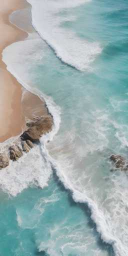 This aerial photograph captures a stunning beach scene from a high vantage point, likely taken by a drone. The image is vertically oriented, showcasing a narrow strip of light brown sand that runs diagonally from the top left to the bottom right. The beach is bordered by a vibrant, clear blue ocean, with waves gently crashing onto the shore. The water's surface is mostly calm, with only slight ripples and foam where the waves meet the sand. Scattered across the beach are several large, dark brown rocks, adding texture to the serene landscape. The overall composition highlights the natural beauty of the coastline, with the interplay of sand, water, and rocks creating a harmonious and picturesque view.