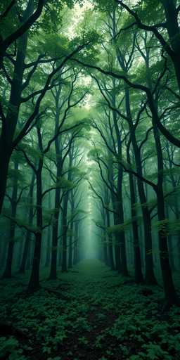 A captivating image of a dense forest, showcasing a lush canopy of green leaves that stretches from the top to the middle of the frame. The forest floor is a rich tapestry of green grass interspersed with patches of brown dirt, creating a natural mosaic. The trees, with their dark brown trunks, form a protective arch over the forest floor, their branches intertwining to create a canopy that filters the light. The light green leaves on the trees contrast beautifully with the darker hues of the trunks, adding depth and texture to the scene. The overall atmosphere is one of serene beauty, with the interplay of light and shadow enhancing the forest's enchanting ambiance.