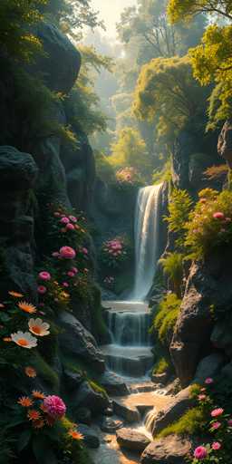 This image depicts a serene and picturesque scene of a waterfall cascading down a rocky cliff in a lush, forested area. The waterfall, which is about 20 feet high, flows into a small pond at the base, surrounded by large boulders and rocks. The water appears to be a light brown color, possibly due to sediment or algae. 

The scene is adorned with vibrant flora, including pink and orange flowers, as well as green moss and grasses growing on the rocks. The surrounding trees are a mix of light and dark green, with some displaying yellowish hues, suggesting the early stages of autumn. The sunlight filters through the trees, casting a warm glow on the landscape and highlighting the intricate details of the scene.

The overall atmosphere is one of tranquility and natural beauty, with the waterfall and its surroundings creating a harmonious and captivating view. The image is so detailed and picturesque that it almost appears to be AI-generated, though it is likely a real photograph.