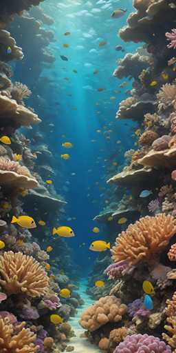 This image depicts a vibrant underwater scene, likely a painting or digital artwork, showcasing a richly detailed coral reef. The scene is framed by two prominent coral formations on either side, with a narrow pathway opening up in the center. The coral itself is a stunning array of colors, including shades of orange, pink, purple, and blue, with some corals resembling mushrooms and others taking on a tree-like structure. The water is a deep blue, illuminated by sunlight streaming down from the top, creating a gradient that lightens towards the surface. 

In the foreground, numerous yellow fish with black eyes swim gracefully, while in the background, a larger school of smaller fish can be seen. The fish are depicted in various poses, some swimming towards the viewer and others away, adding a dynamic sense of movement to the scene. The overall composition is rectangular, with the left and right sides being twice as long as the top and bottom sides, emphasizing the expansive underwater landscape.