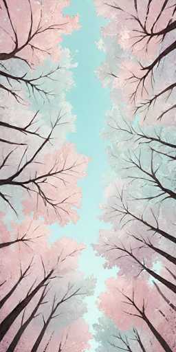 The image presents an abstract representation of a forest scene with trees painted in shades of pink and white against a light blue sky. The trees are depicted from below, looking upwards towards the sky, creating a sense of depth and perspective. The background is a light brown color that contrasts with the lighter tones of the trees and sky.