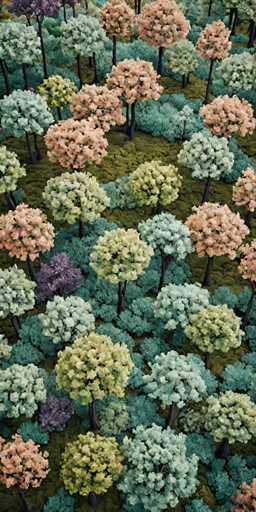The image shows an aerial view of a forest with trees and bushes painted in various shades of green, pink, blue, and yellow. The background is a light brown color that contrasts with the vibrant colors of the foreground.