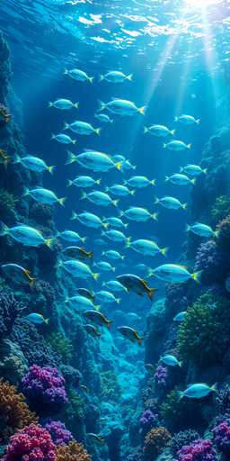 This image is a detailed, computer-generated underwater scene featuring a school of approximately 50 to 60 tropical fish swimming in various directions. The fish are predominantly blue with yellow fins, and some have black stripes or spots. They are scattered throughout the image, with some fish closer to the viewer and others further away, creating a sense of depth. The background is a deep blue ocean, illuminated by sunlight streaming down from the top right corner, casting rays that enhance the vibrant colors of the scene. Surrounding the fish are colorful coral formations in shades of purple, pink, orange, green, and blue, adding to the rich underwater landscape. The overall composition is vertical, with the fish and coral creating a dynamic and visually engaging underwater tableau.