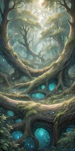 This detailed fantasy illustration depicts a mystical forest scene dominated by an intricate network of gnarled tree roots that twist and intertwine, forming a circular pattern. The roots, covered in moss and adorned with green leaves, create a sense of depth and complexity as they weave through the image. At the base of the roots, there are several openings emitting a soft, glowing blue light, reminiscent of bioluminescent creatures or hidden passages. This ethereal glow adds an enchanting and otherworldly atmosphere to the scene. The background is filled with more trees, their branches and leaves forming a dense canopy that filters the light, creating a dappled effect on the forest floor. The overall color palette is muted, with shades of brown, green, and blue, enhancing the magical and serene ambiance of this fantasy forest.