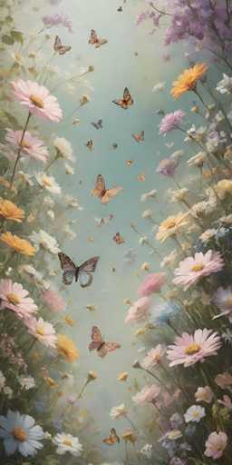 The image depicts a vibrant scene from nature with a variety of flowers and butterflies. The flowers include daisies, sunflowers, and roses, each exhibiting their unique colors - pink, yellow, and purple respectively. Butterflies are scattered throughout the scene, some flying near the flowers while others are perched on branches or floating in the air. The background is a light blue color that complements the colorful foreground, creating a harmonious balance between the two elements.