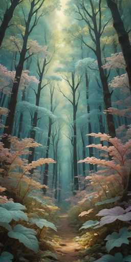 A breathtaking, ethereal forest scene bathed in a soft, hazy light. Tall, slender trees with dark, textured trunks reach towards a bright, glowing sky, their branches adorned with delicate, pale pink and light blue foliage. The ground is covered in a soft, mossy carpet of muted greens and browns, with a winding path leading deeper into the forest. The overall atmosphere is one of tranquility and enchantment, with a gentle mist clinging to the air, creating a dreamlike quality. The focus is on the interplay of light and shadow, highlighting the serene beauty of nature.