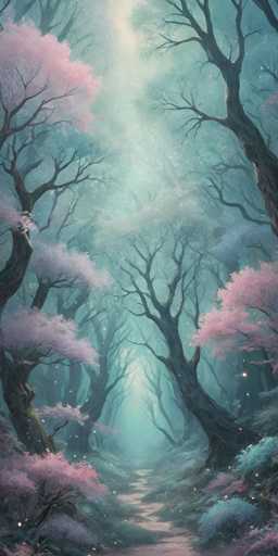 This image depicts a fantastical, computer-generated forest scene with a surreal and dreamlike quality. The forest is filled with numerous trees, many of which are bare, creating a stark contrast against the vibrant foliage. The trees are adorned with an array of colorful leaves, including shades of pink, purple, and blue, which stand out vividly against the predominantly green and blue hues of the forest. The ground is covered with lush green grass, and a winding dirt path meanders through the center of the scene, inviting viewers to explore further. The sky above is a light blue, with a soft, white light filtering through the branches, adding to the ethereal atmosphere. The overall color palette is a harmonious blend of greens, blues, pinks, purples, and whites, creating a visually captivating and otherworldly environment.