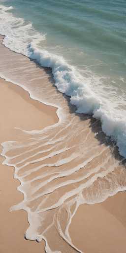 The image shows a beach scene with a light brown sand and white waves crashing onto the shore. The perspective is from above, providing an aerial view of the ocean's edge. There are no discernible texts or other objects in the image.