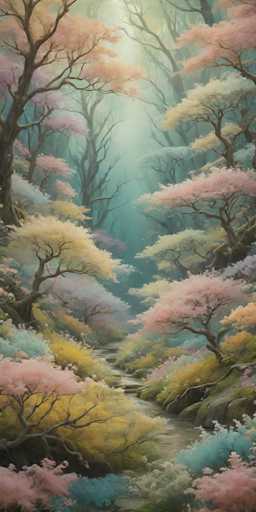 The image depicts a forest scene with tall trees and colorful flowers. The sky is visible through the gaps between the trees, creating a sense of depth and space. The painting style is realistic, capturing the intricate details of nature.