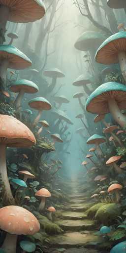 The image depicts a forest scene with numerous mushrooms of various colors and sizes scattered throughout the frame. The mushrooms are predominantly orange and white, but some also have green and blue hues. They are arranged in a way that creates depth and perspective within the image. The background is a light gray color, providing a contrast to the vibrant colors of the mushrooms. There is no discernible text or action present in the image.