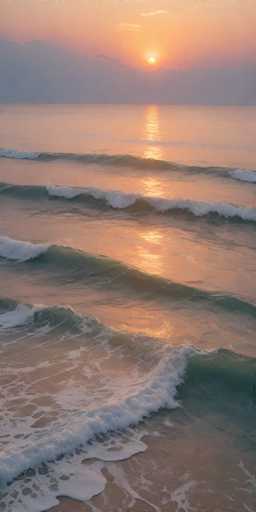 The image shows a serene beach scene at sunset. The sky is painted with hues of orange and pink, indicating the sun setting over the horizon. The ocean is filled with waves crashing onto the shore, creating a rhythmic pattern that adds to the overall tranquility of the scene. On one side of the frame, there's a gray wall, providing a contrast to the vibrant colors in the sky and water.