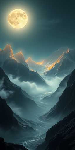 A serene, ethereal landscape unfolds under a glowing full moon. Towering, mist-shrouded mountains dominate the scene, their peaks bathed in a soft, golden light. A winding river snakes through the valleys, reflecting the moon's luminescence. The overall style is dreamlike and atmospheric, emphasizing a sense of vastness and tranquility.