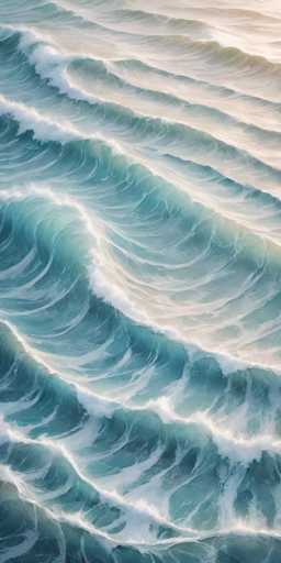 This image is a detailed painting of the ocean, capturing the dynamic movement of waves. The water is depicted in a spectrum of blues, ranging from light to dark, with some areas appearing almost green. The waves are portrayed in various stages of motion, from gentle ripples to more pronounced swells, creating a sense of constant motion. The artist has skillfully used white foam and seafoam to highlight the crests of the waves, adding a realistic touch to the scene. The painting is rectangular in shape, with the longer sides on the left and right. The waves flow diagonally from the top right to the bottom left, giving the impression of a powerful current. The overall effect is a mesmerizing and serene representation of the ocean's beauty.