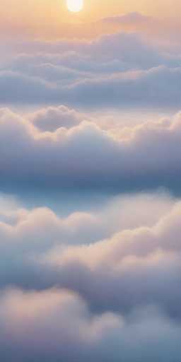 A stunning photograph captures a serene sky filled with an array of clouds. The image, taken from a high vantage point, showcases a gradient of cloud formations that transition from fluffy white clouds at the bottom to darker, more ominous clouds higher up. The sky is painted with a spectrum of colors, from deep blues to soft pinks and purples, reflecting the light of the sun. The sun itself is partially visible, peeking through the clouds at the top of the image, casting a warm glow that illuminates the scene. The overall composition is a harmonious blend of colors and textures, creating a breathtaking view of nature's beauty.