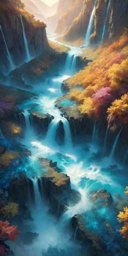 This image is a detailed, computer-generated painting of a vibrant autumnal landscape. Dominated by a river that meanders through the center, the scene features multiple waterfalls cascading down rocky cliffs on both sides. The river, which shifts in color from light blue to white as it flows over the falls, is flanked by lush, colorful foliage in shades of yellow, orange, pink, and purple. The cliffs are adorned with trees and bushes, creating a rich tapestry of autumn hues. In the background, the landscape extends into a valley with more cliffs and waterfalls, leading to a distant mountain range. The overall composition is vertical, emphasizing the height and grandeur of the scene. The painting captures the essence of a serene yet dynamic natural setting, with the interplay of water and vibrant foliage creating a harmonious and picturesque view.