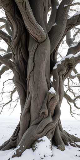 A captivating winter scene features a majestic, gnarled tree standing resilient in the snow. The tree's trunk is a mesmerizing tapestry of intertwining branches, creating a complex and intricate structure. The bark is a rich brown, with a texture that appears almost braided, adding to the tree's unique character. Snow delicately dusts the branches, enhancing the wintry atmosphere. The ground is blanketed in a thick layer of snow, with patches of earth and scattered leaves visible beneath. The sky is a stark white, blending seamlessly with the snowy landscape, and the tree stands as the solitary focal point in this serene, monochromatic world.