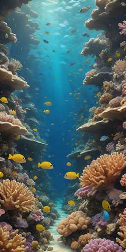 The image shows an underwater scene with a vibrant coral reef and various fish swimming around it. The coral is predominantly orange and pink, creating a warm and inviting atmosphere. The water surrounding the reef is a deep blue color, indicating that it's taken from the ocean floor. On one side of the frame, there are yellow fish swimming near the coral, while on the other side, there are white fish swimming in the background.

The image does not contain any text or human-made objects, and the relative positions of the objects suggest a natural underwater environment with clear visibility into the depths below.
