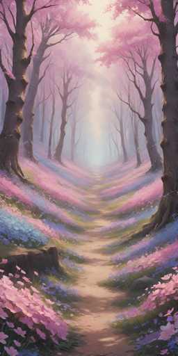 The image depicts a serene forest scene with tall trees and colorful flowers lining the path. The sky above is a light blue color, providing a beautiful contrast to the vibrant colors of the flowers below. The perspective of the photo is taken from ground level, looking down the path towards the horizon line where the sky meets the trees. There are no discernible texts or other objects in the image, and the relative positions of the elements remain constant throughout the scene.