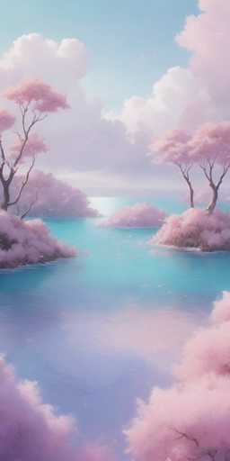 The image depicts a serene, dreamlike landscape with soft pink cherry blossom trees lining a tranquil, turquoise body of water. The trees are fluffy and ethereal, with their branches draped in blossoms that seem to float on the gentle water's surface. The sky is a pastel blue with soft, fluffy clouds, creating a peaceful and calming atmosphere. The overall art style is reminiscent of anime or digital painting, with a focus on soft colors and gentle lighting. The composition emphasizes the vastness of the landscape and the tranquility of nature, inviting a sense of calm and wonder.