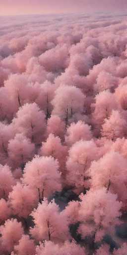 The image shows an aerial view of a forest with pink trees and bushes against a gray background. The perspective is from above, providing a bird's eye view of the landscape below.