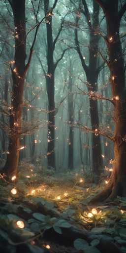 The image depicts a serene, foggy forest scene with a dense array of tall trees. The trees, which are adorned with sparse leaves, stretch upwards, their branches creating a canopy that filters the light. The forest floor is covered with a mix of green and brown leaves, interspersed with patches of grass and small plants. A notable feature of the scene is the numerous white lights, resembling Christmas lights, that are wrapped around the trees, casting a soft, ethereal glow throughout the area. These lights also appear to be scattered on the ground, enhancing the magical atmosphere. The overall color palette includes shades of green, brown, white, and hints of yellow, contributing to the tranquil and slightly mystical ambiance of the forest.