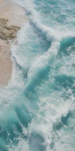 This aerial photograph captures a stunning beach scene from a high vantage point, likely taken from a drone or helicopter. The image is dominated by the dynamic interaction between the ocean and the shore. On the left side, a narrow strip of light brown sand is visible, with a small cluster of rocks situated in the top left corner. The ocean, a mesmerizing blend of light blue and turquoise hues, stretches across the entire frame. The water appears to be in motion, with gentle waves rolling towards the shore, creating a frothy white foam at the edges. The overall composition highlights the serene yet powerful beauty of the natural landscape, with the contrast between the smooth sand and the textured, foamy waves adding depth and visual interest to the scene.