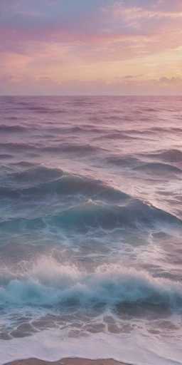 The image shows a serene beach scene with a large body of water and the ocean's surface reflecting the colors of a sunset. The sky is painted in shades of pink and orange, creating a beautiful backdrop for the deep blue-green waters below. On the left side of the frame, there is a gray wall that contrasts with the vibrant colors of the sky and sea.