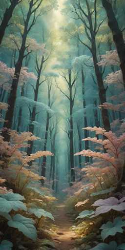 The image depicts a forest scene with tall trees and vibrant pink flowers on the left side of the frame. The sky is visible through the gaps between the trees, creating an ethereal atmosphere. The colors used are predominantly green and blue, with some pink and purple accents from the flowers.